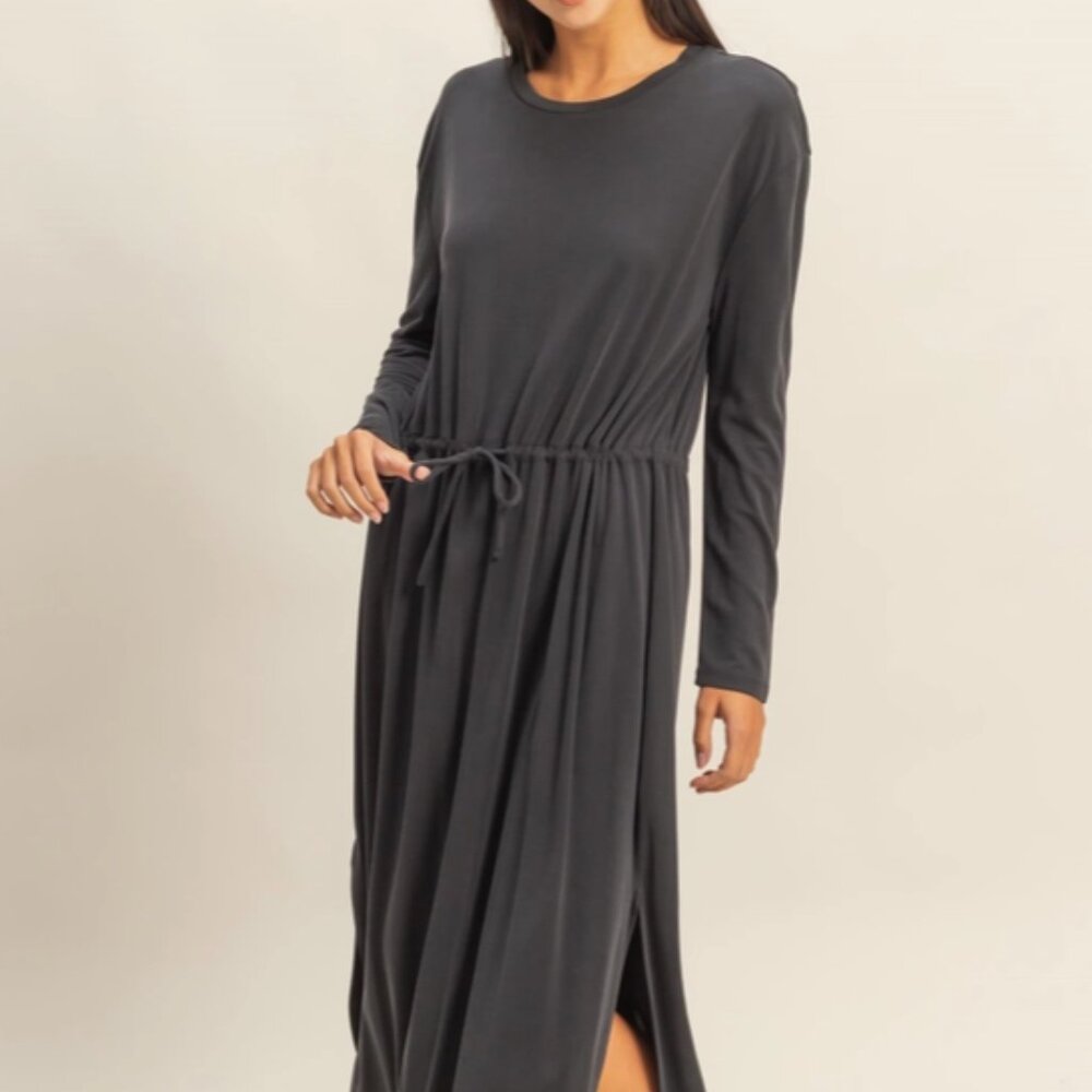 Double Zero Drawstring Waist Long Sleeve Midi Dress